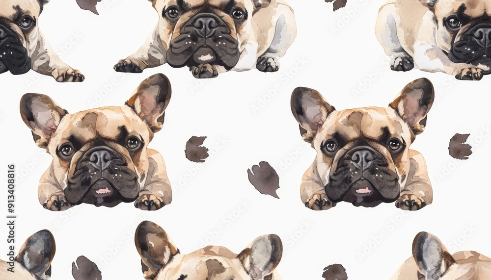 Fototapeta premium French Bulldog Pattern with Paw Prints on White Background