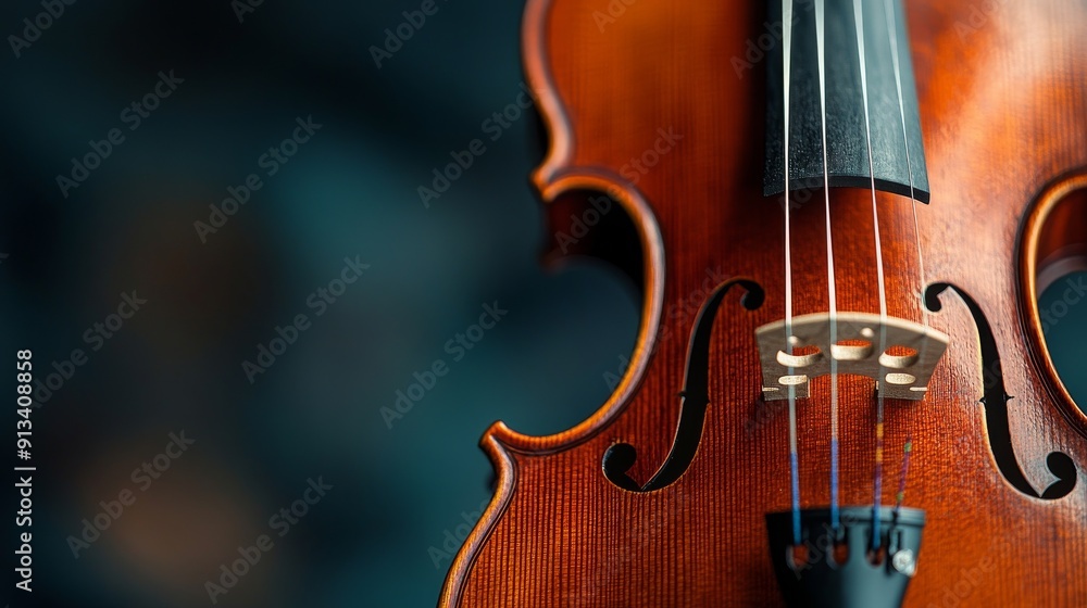 Fototapeta premium Close-Up of a Beautifully Crafted Violin, Showcasing the Fine Wood Grain and Strings with a Softly Blurred Background Highlighting the Instrument's Elegance