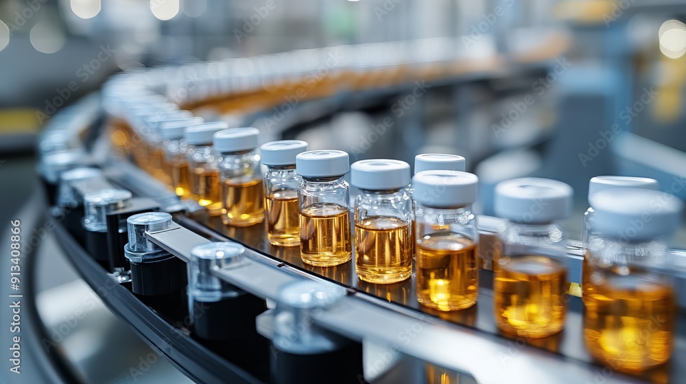 A conveyor belt with glass vials is present in an advanced bright modern pharmaceutical factory focusing on the medical ampoule production line vaccine production facility and medication A conveyor belt with glass vials is present in an advanced bright modern pharmaceutical factory focusing on the medical ampoule production line vaccine production facility and medication