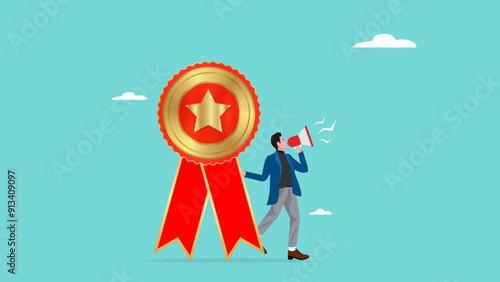 Employee of the month award winner announcement, reward or recognition for good performance, high performance champion on office, businessman announces Employee of the month winner with megaphone