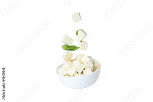Cuadro en lienzo PNG,Cubes of tofu in a bowl with leaves, isolated on white background