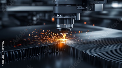 A fiber laser cutting machine cuts metal plates with sparkling light demonstrating a hightechnology sheet metal manufacturing process by laser cutting photo