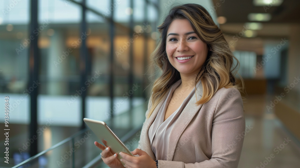 A middle-aged Latina businesswoman standing holding a tablet and smiling looking at the camera. A middle-aged Latina businesswoman standing holding a tablet and smiling looking at the camera.