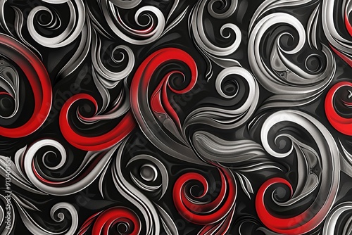 A pattern of dark grey, black and red swirls with white accents on each design