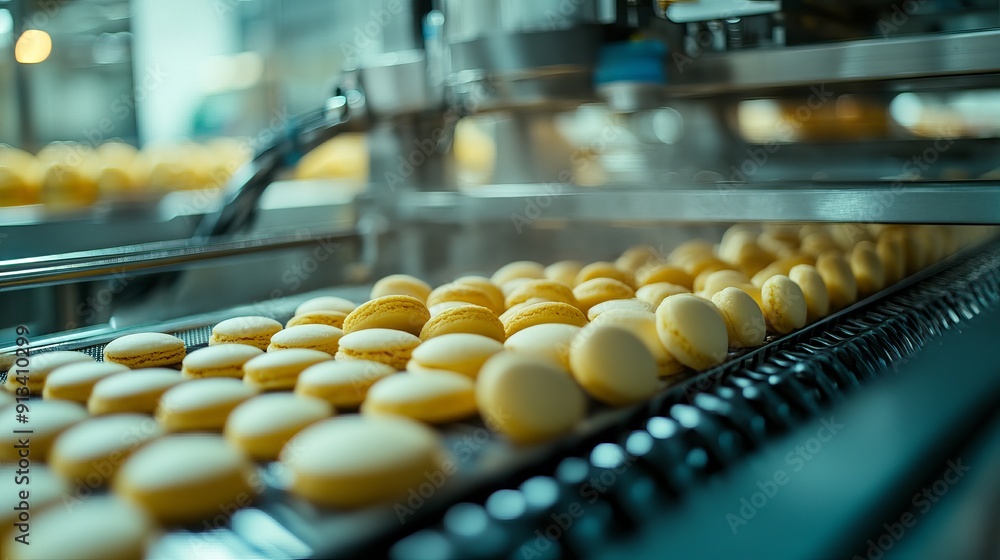 A huge factory line produces sweet food and cookies with closeup shots highlighting the industrial manufacturing process A huge factory line produces sweet food and cookies with closeup shots highlighting the industrial manufacturing process