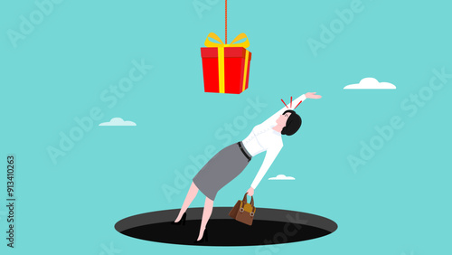investment fraud or business trap with the promise of big profits, businesswoman fell into a hole because she was tempted by a gift box