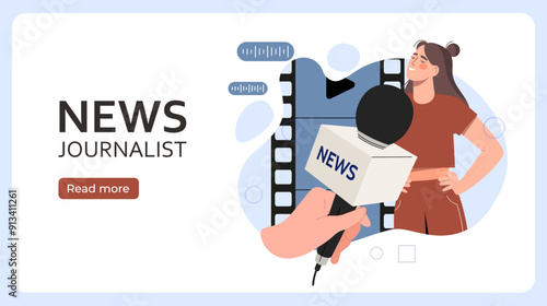 News journalist concept. Woman with microphone answers questions. Reporter filming reportage. Mass media and journalism, television show. Landing webpage design. Flat vector illustration