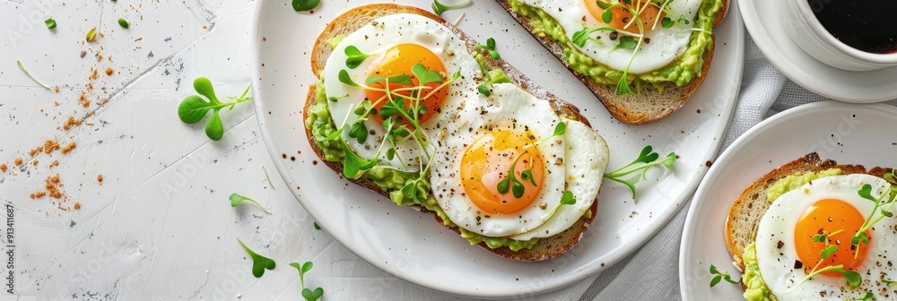 Healthy breakfast with Avocado Egg Sandwiches and coffee served on a white table Whole grain toasts topped with mashed avocado fried eggs and organic microgreens Healthy breakfast with Avocado Egg Sandwiches and coffee served on a white table Whole grain toasts topped with mashed avocado fried eggs and organic microgreens