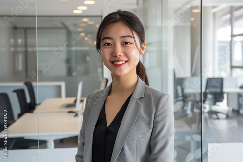 Portrait of an Asian businesswoman standing in a meeting room smiling, elegantly dressed in a gray suit. Free Download Portrait of an Asian businesswoman standing in a meeting room smiling, elegantly dressed in a gray suit. - GFXLoad