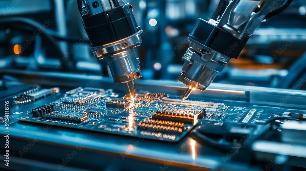 Advanced highprecision robot arms are used inside a bright electronics factory with a fully automated modern PCB assembly line for electronic device production ensuring quality control Advanced highprecision robot arms are used inside a bright electronics factory with a fully automated modern PCB assembly line for electronic device production ensuring quality control