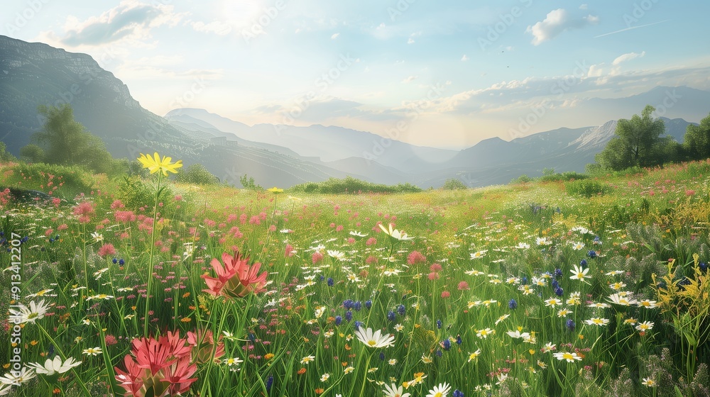 Fototapeta premium Colorful Wildflower Meadow Blooming Amidst Majestic Mountains Under Clear Blue Sky at Sunset