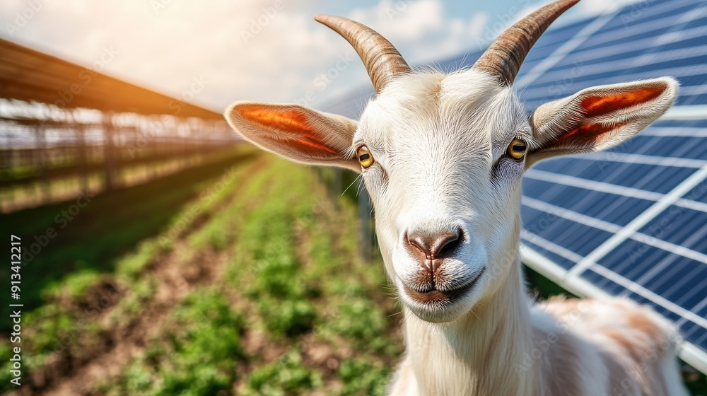 A goat is standing in a field next to a solar panel. The goat is looking at the camera with a curious expression. The solar panels are arranged in a row, and the field is lush and green A goat is standing in a field next to a solar panel. The goat is looking at the camera with a curious expression. The solar panels are arranged in a row, and the field is lush and green