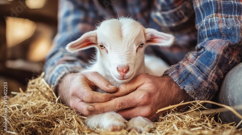 A baby goat is laying on hay and being held by a man