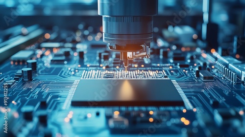 An automatic pick and place machine rapidly installs components on a generic circuit board highlighting the electronics and circuit board manufacturing process in a bright environment