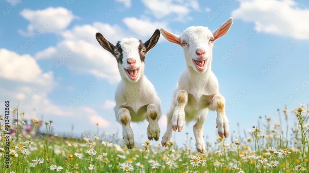 Obraz premium Two white goats are jumping in a field of yellow flowers. Scene is joyful and playful, as the goats seem to be having fun while leaping through the air