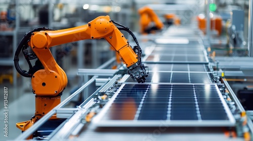 An orange industrial robot arm is featured at the production line in a modern bright factory where solar panels are assembled on a conveyor in an automated manufacturing facility