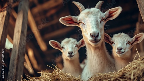 Three white goats are laying in a hay bed. One of the goats is laying on its side, while the other two are laying on their backs