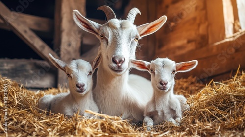 Three white goats are laying in a hay bed