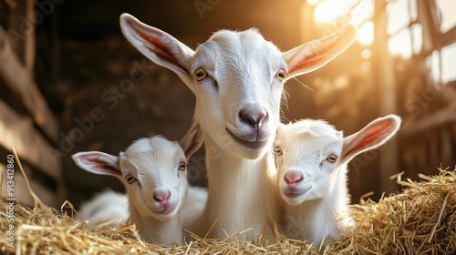 Three white goats are laying in a hay bed. One of the goats is laying on its side, while the other two are laying on their backs