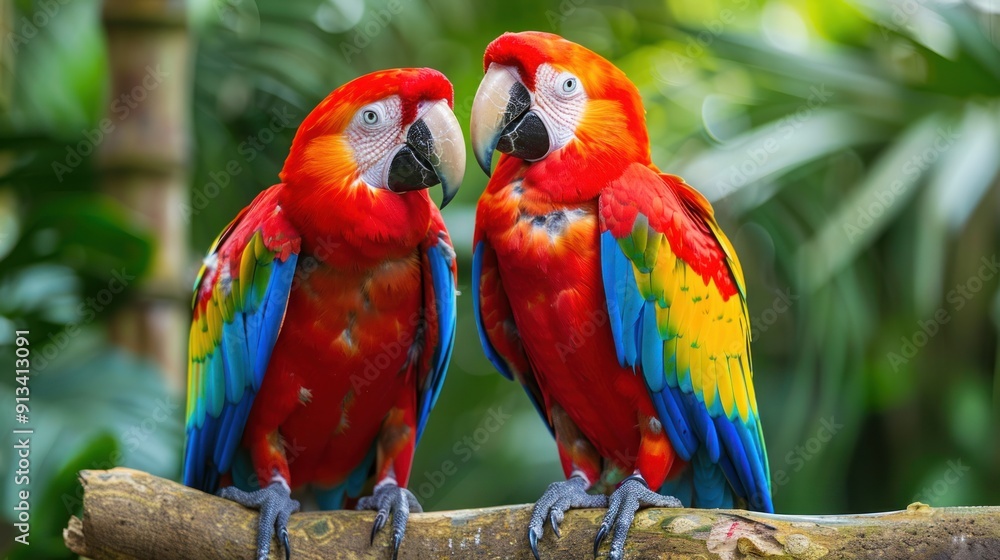 Two Colorful Macaws Perched on a Branch Two Colorful Macaws Perched on a Branch