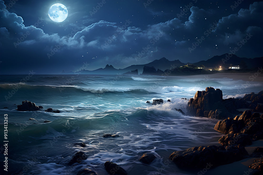 waves lapping the shoreline against a backdrop of bright moonlight waves lapping the shoreline against a backdrop of bright moonlight