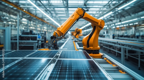An orange industrial robot arm is featured at the production line in a modern bright factory where solar panels are assembled on a conveyor in an automated manufacturing facility