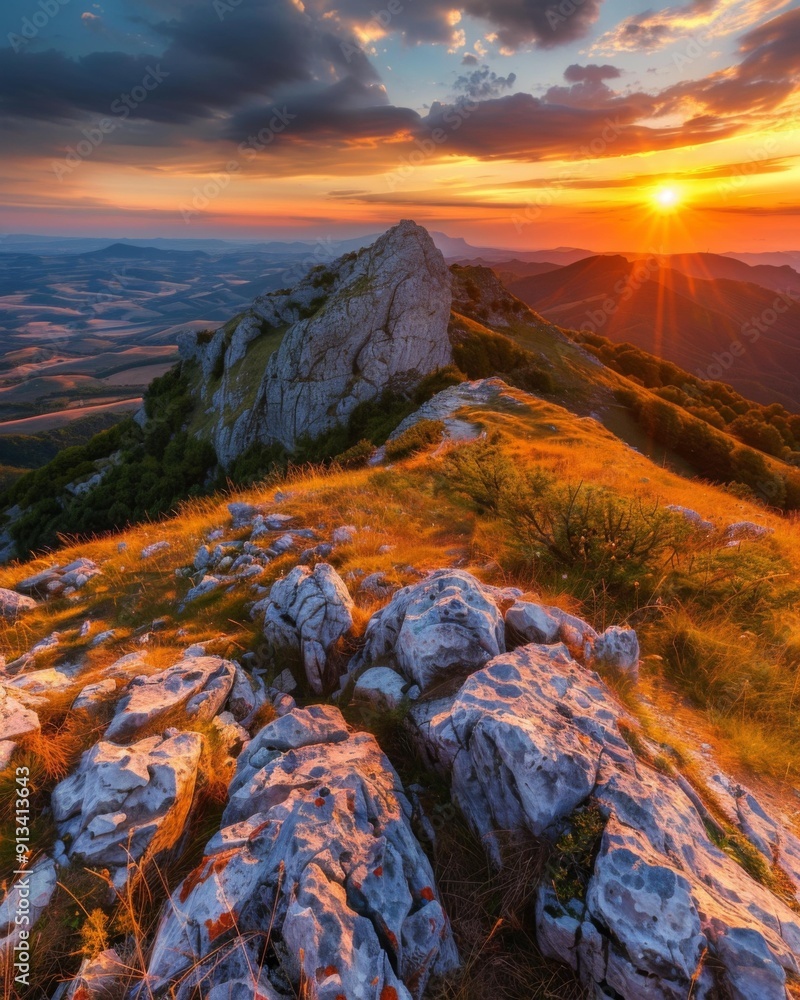Obraz premium A breathtaking sunset over a rocky mountain peak. AI.