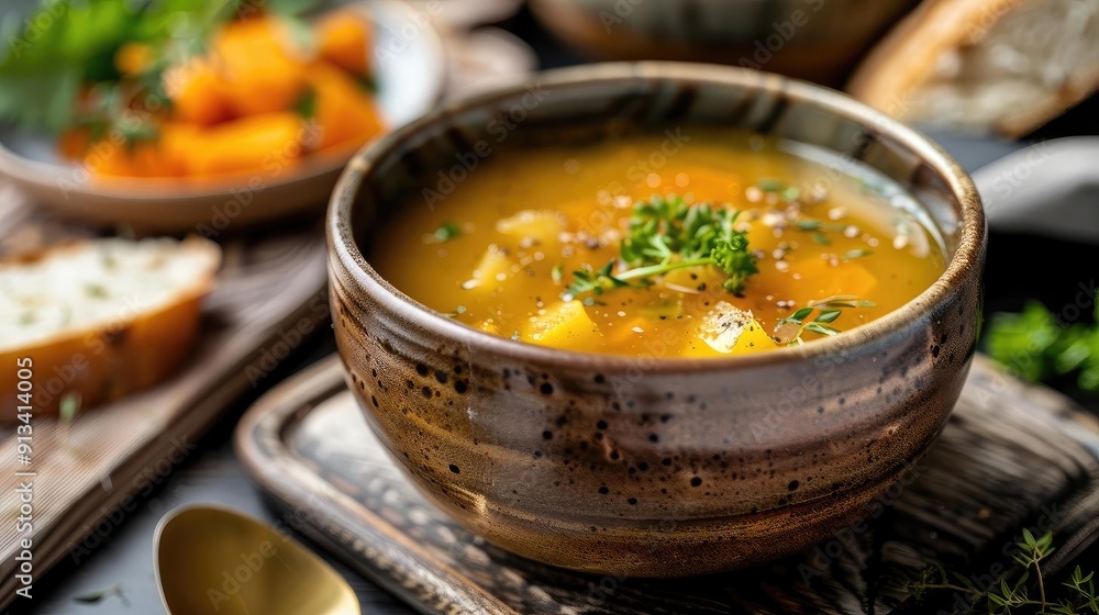 A warm bowl of delicious soup garnished with herbs, perfect for a cozy meal. Ideal for food photography and culinary showcases. A warm bowl of delicious soup garnished with herbs, perfect for a cozy meal. Ideal for food photography and culinary showcases.
