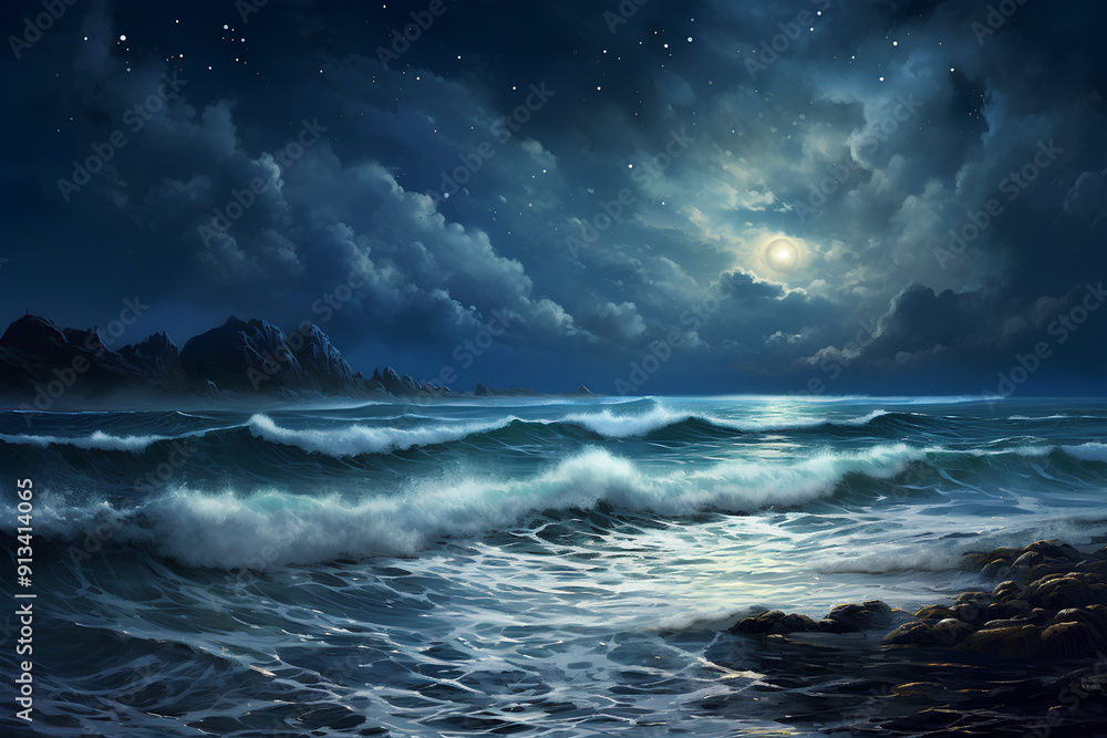waves lapping the shoreline against a backdrop of bright moonlight waves lapping the shoreline against a backdrop of bright moonlight