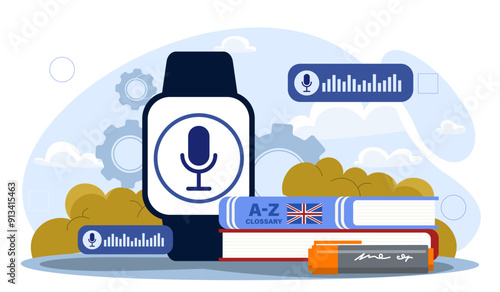 Smartwatch digital translator. Watch with program for international communication and interaction. Virtual assistant and interpreter. Modern gadget and device. Flat vector illustration