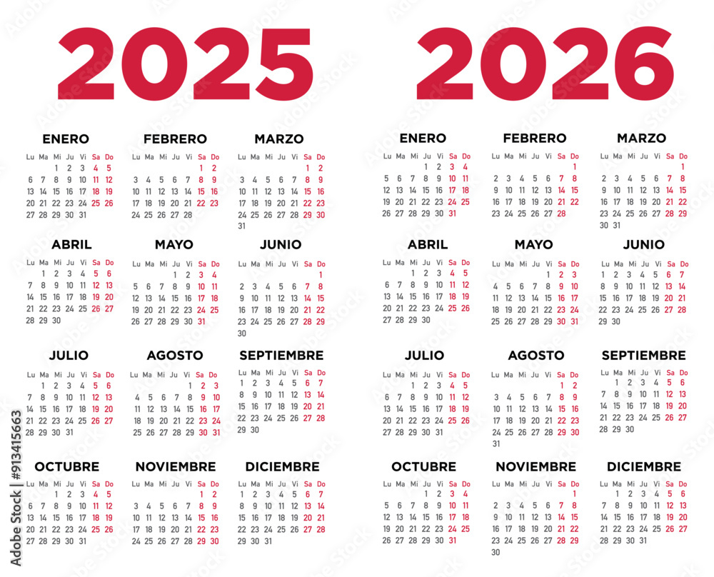 Calendario 2025 2026 en español. Semana comienza el lunes. Sábados y domingos en rojo. Ilustración
Calendario 2025 2026 en español. Semana comienza el lunes. Sábados y domingos en rojo. Ilustración