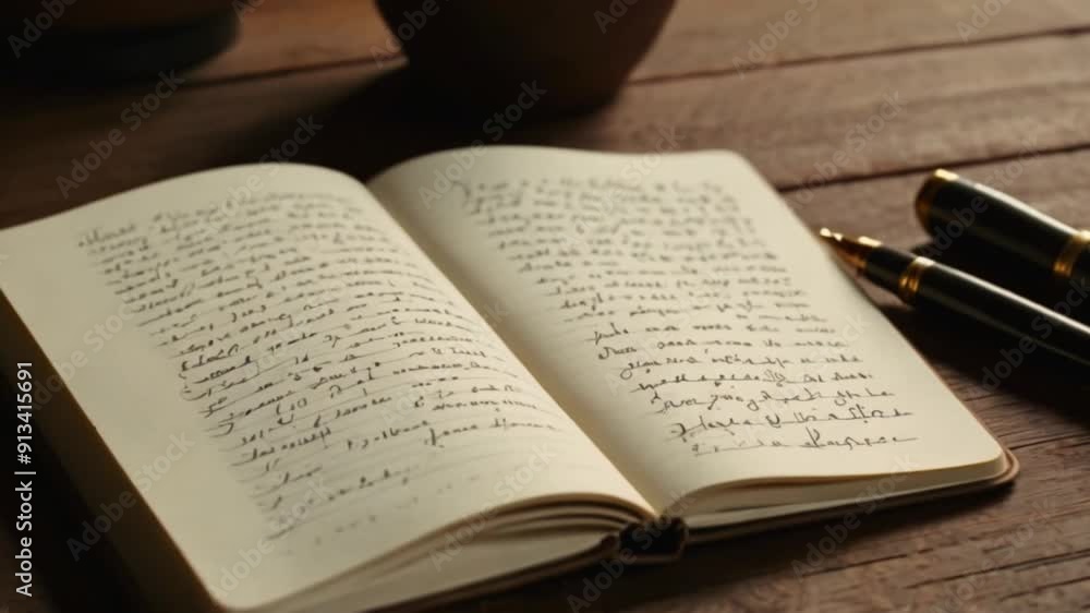 An open leather notebook with a handwritten page and a sleek pen beside it, on a wooden table, emphasizing a vintage, elegant writing feel. An open leather notebook with a handwritten page and a sleek pen beside it, on a wooden table, emphasizing a vintage, elegant writing feel.