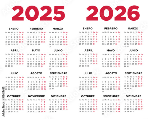 Calendario 2025 2026 en español. Semana comienza el lunes. Sábados y domingos en rojo. Ilustración	
