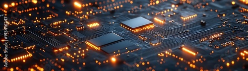 Circuit Board 3D Illustration with Glowing Orange Lights