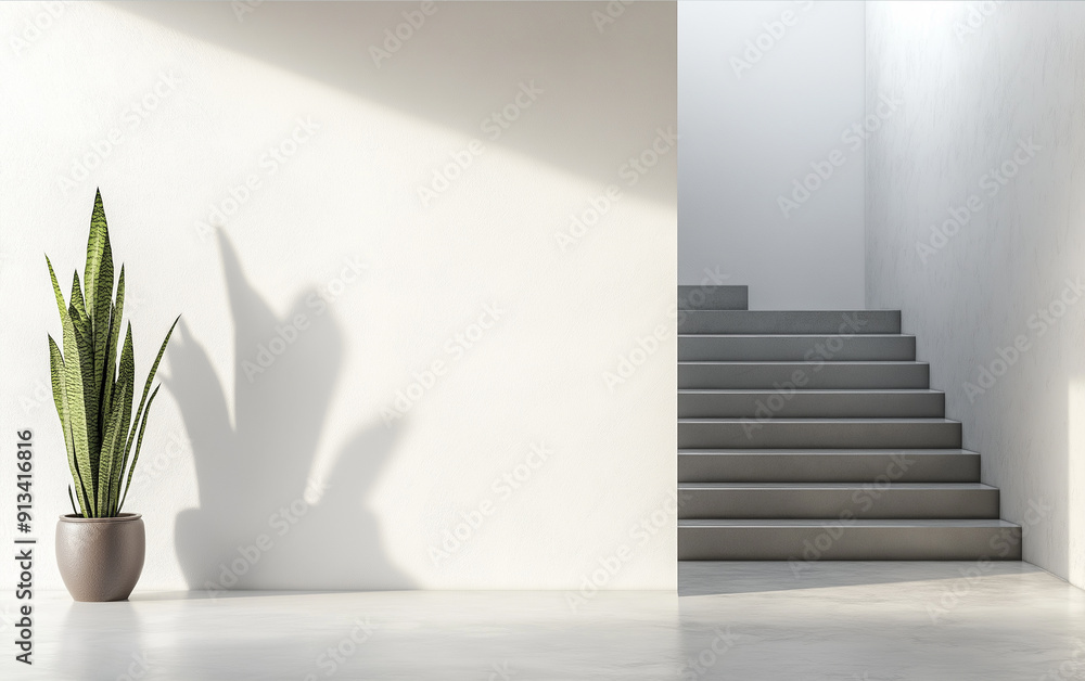 Fototapeta premium Minimal white walls with concrete texture and stairs and flowers in pots