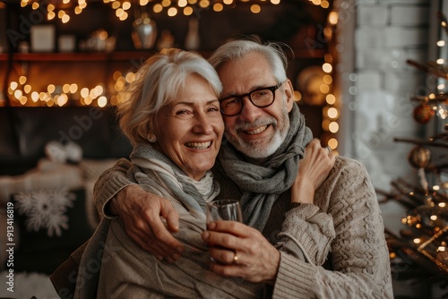Smiling elderly couple delightedly sharing each others company while enjoying drinks surrounded by festive decorations at home. Merry Christmas, Happy New Year