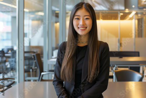 Free Download Japanese businesswoman, Asian standing happily in an office, dressed in dark elegant clothes. - GFXLoad