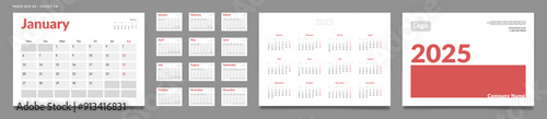 Set of 2025 Pages Monthly Calendar Planner Templates, Cover with Place for Photo, Company Logo, Annual. Design of Vector layout Calendar Pages size A4-21x29.7 cm in for print. Week start on Monday