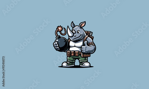 character cartoon rhino hold bomb vector mascot design