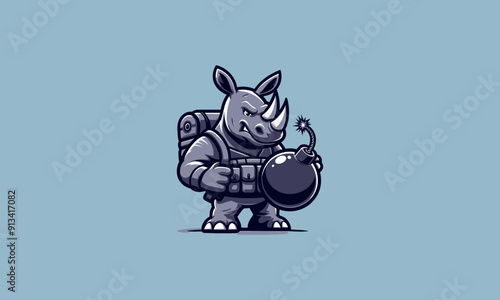 character cartoon rhino hold bomb vector mascot design