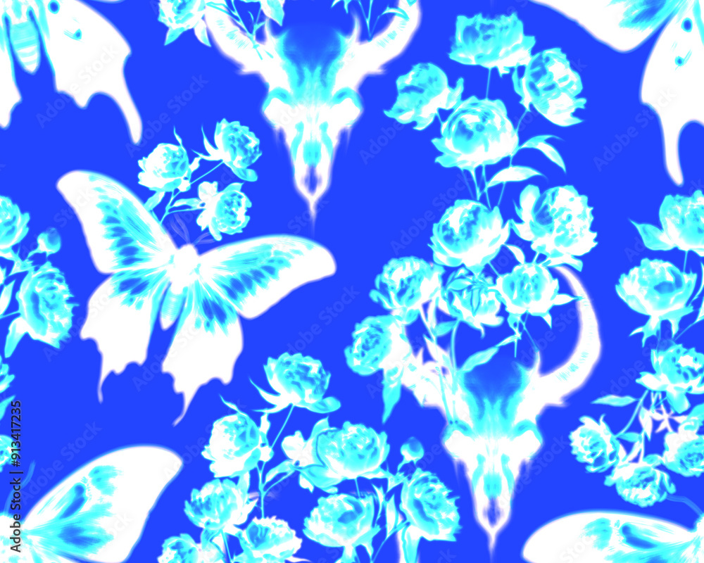 Gothic style seamless pattern with soft blurry peony flowers, butterflies, demon skulls. Halloween themed graphic print for clothing, fabric, wallpaper, home decor, wrapping paper in blue hues. Gothic style seamless pattern with soft blurry peony flowers, butterflies, demon skulls. Halloween themed graphic print for clothing, fabric, wallpaper, home decor, wrapping paper in blue hues.