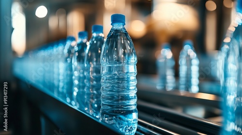 The hightechnology drinking water manufacturing process involves empty drinking water bottles on a conveyor belt for the filling process photo