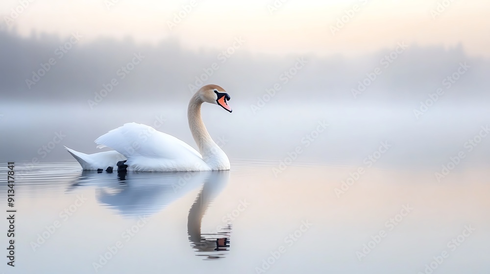 A serene swan gliding gracefully across a misty lake at dawn, creating a tranquil and enchanting atmosphere. A serene swan gliding gracefully across a misty lake at dawn, creating a tranquil and enchanting atmosphere.