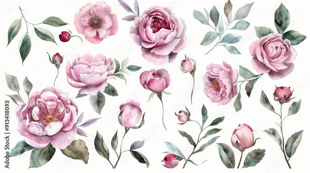 Fototapeta premium A watercolor painting depicting a collection of pink roses and green leaves, with various stages of bloom, some fully open and others still buds, on a white background.