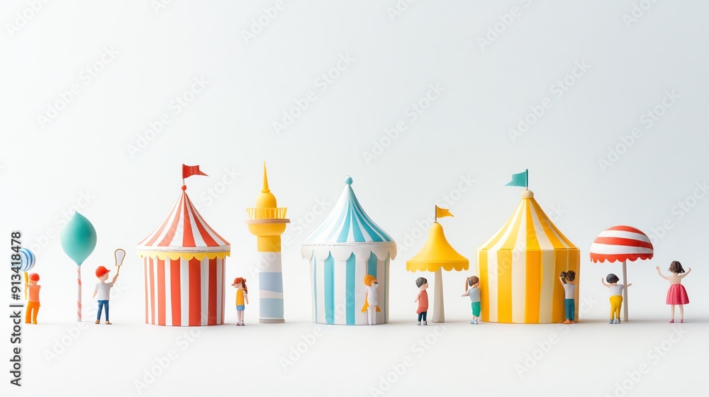 Colorful carnival tents and figurines create a festive atmosphere, perfect for themes of fun, celebration, and childhood memories. Colorful carnival tents and figurines create a festive atmosphere, perfect for themes of fun, celebration, and childhood memories.