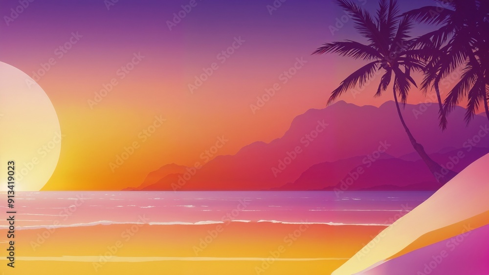 Naklejka premium Beautiful sunset over the ocean with palm trees, ideal for tropical and vacation themes.