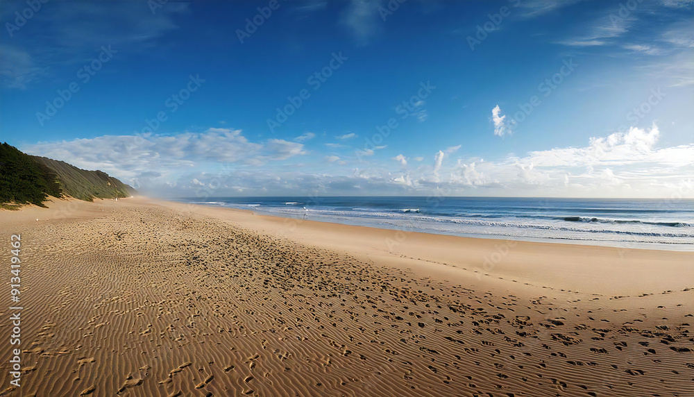 広い砂浜が広がる海岸。青空の広がる砂浜。A coast with a wide sandy beach. A sandy beach with a blue sky.