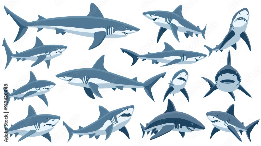 Collection of Ten Cartoon Sharks in Various Poses Collection of Ten Cartoon Sharks in Various Poses