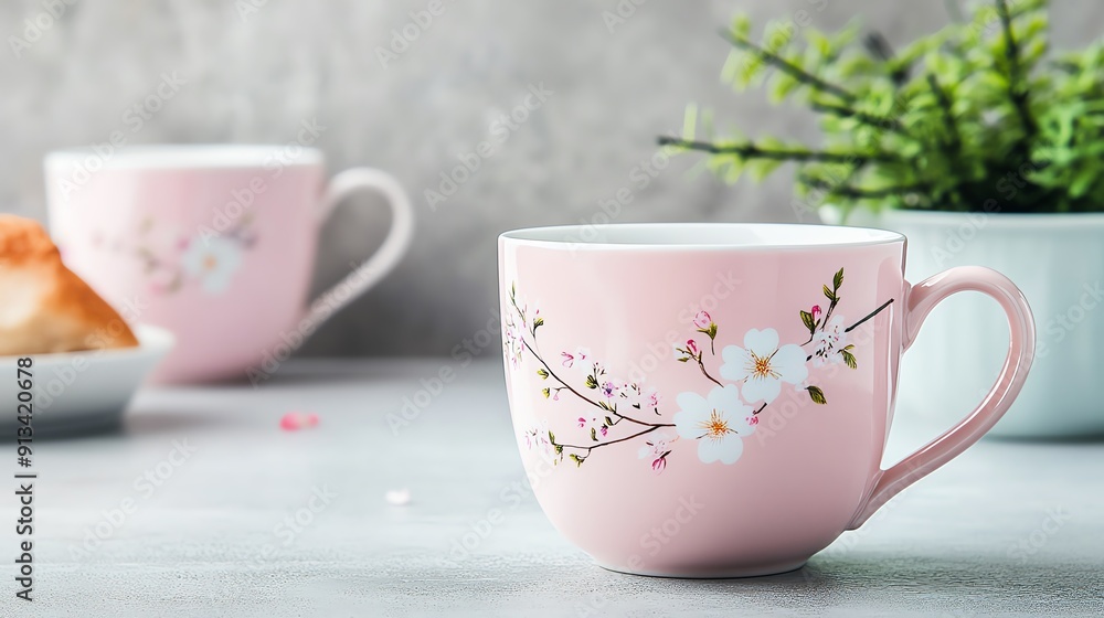 Elegant pink cup with floral design, perfect for coffee or tea in modern kitchen decor. Ideal for lifestyle and food photography. Elegant pink cup with floral design, perfect for coffee or tea in modern kitchen decor. Ideal for lifestyle and food photography.