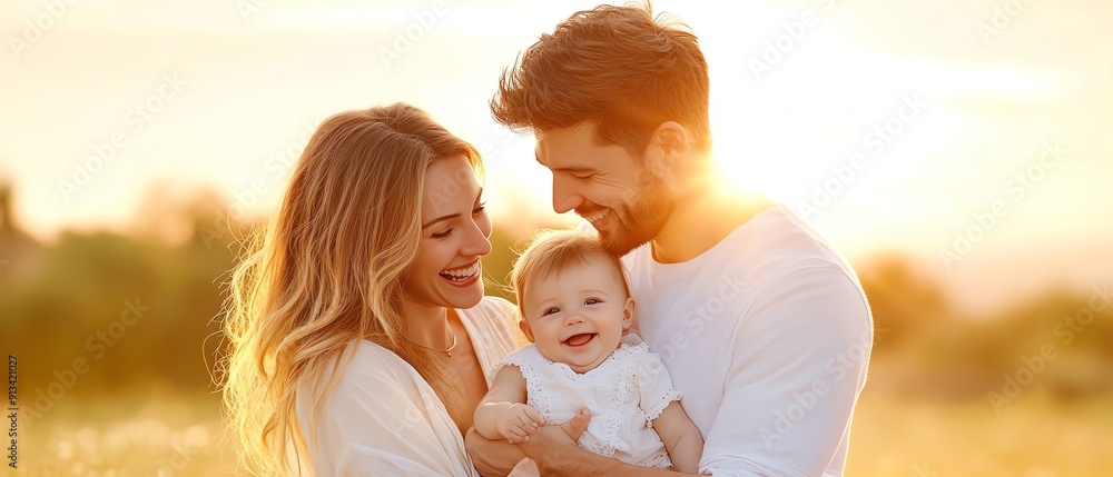 A joyful family moment captured in the golden light of sunset, showcasing love and happiness among parents and their baby. A joyful family moment captured in the golden light of sunset, showcasing love and happiness among parents and their baby.